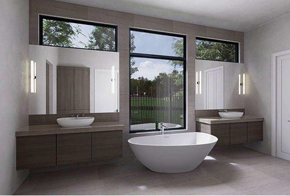 Bathroom with double vanity and garden tub
