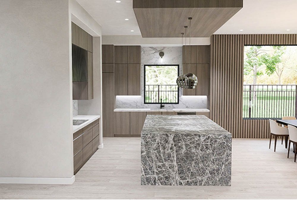 Open concept kitchen with grey marble waterfall island